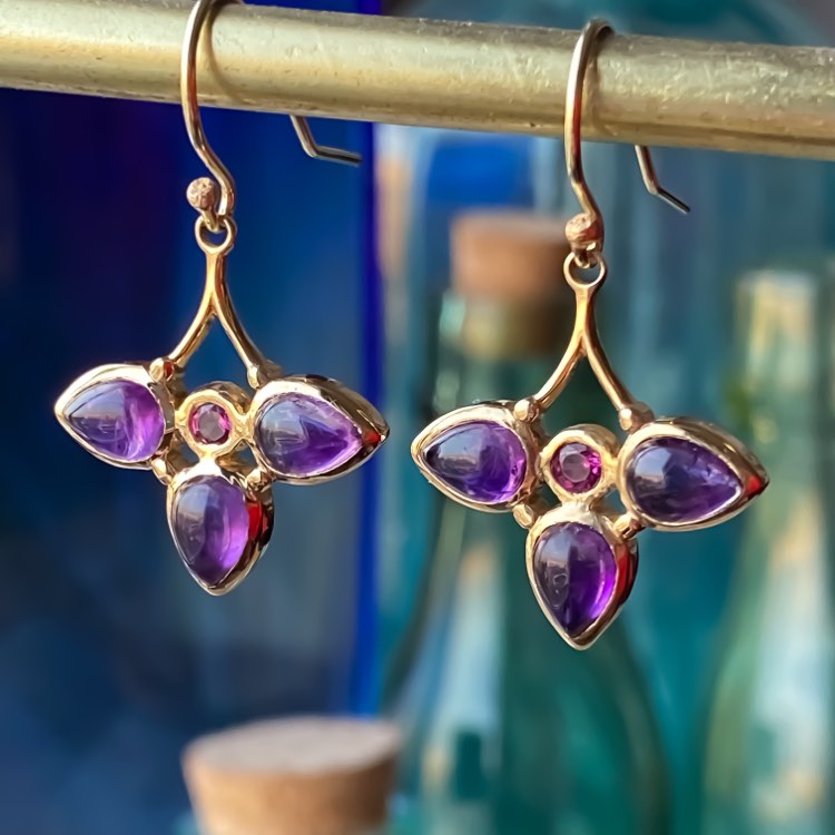 Purple Amethyst & Pink Tourmaline Dangle 14k Gold Earrings - MANARI.eu