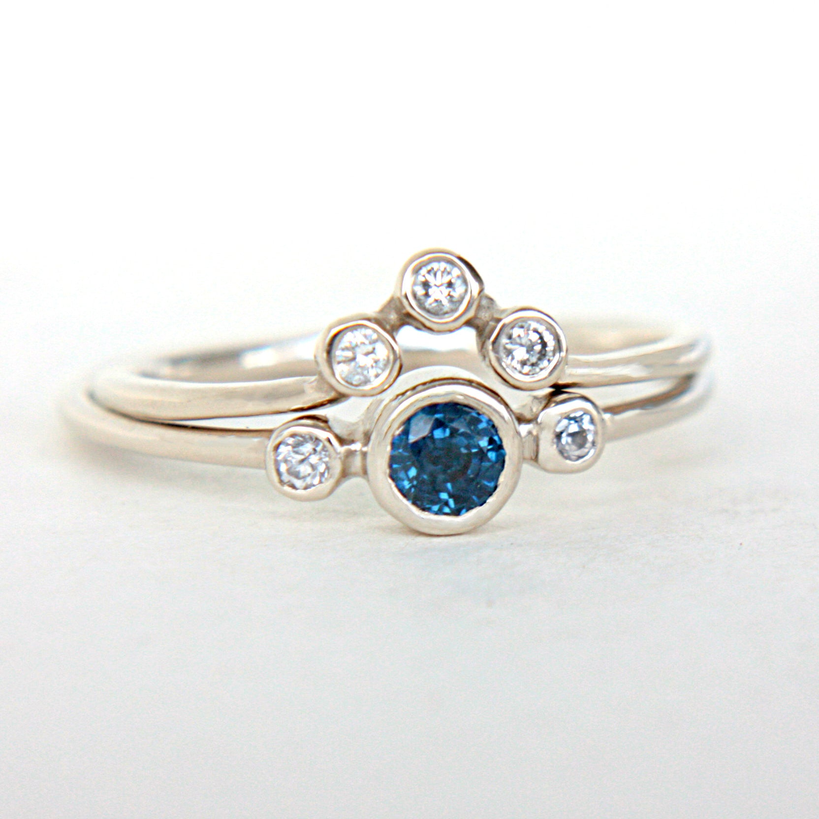 Blue Sapphire and Diamond Wedding Set 14k Gold Triple Ring Set - MANARI.eu
