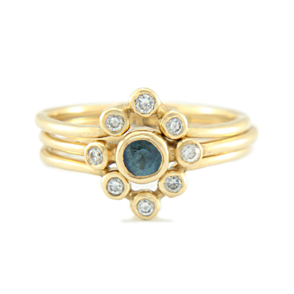 Blue Sapphire and Diamond Wedding Set 14k Gold Triple Ring Set - MANARI.eu