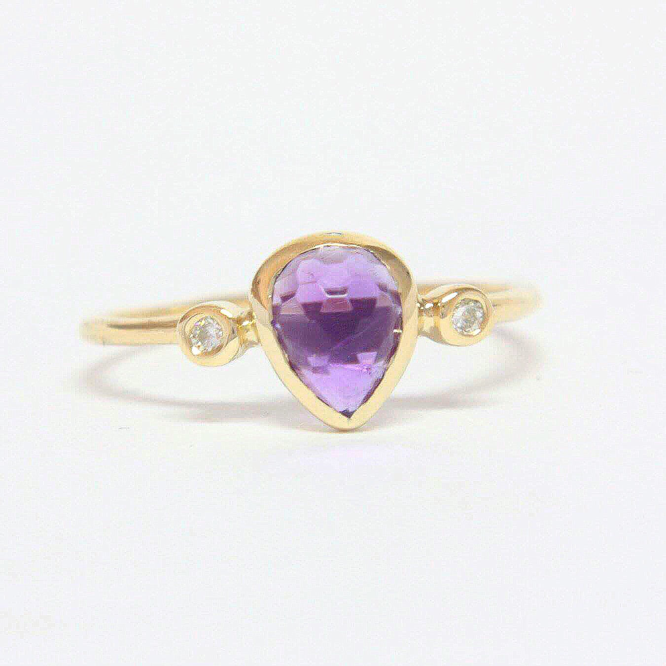 Amethyst Pear Shape and Diamond Ring 14k Gold - MANARI.eu
