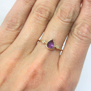 Amethyst Pear Shape and Diamond Ring 14k Gold - MANARI.eu