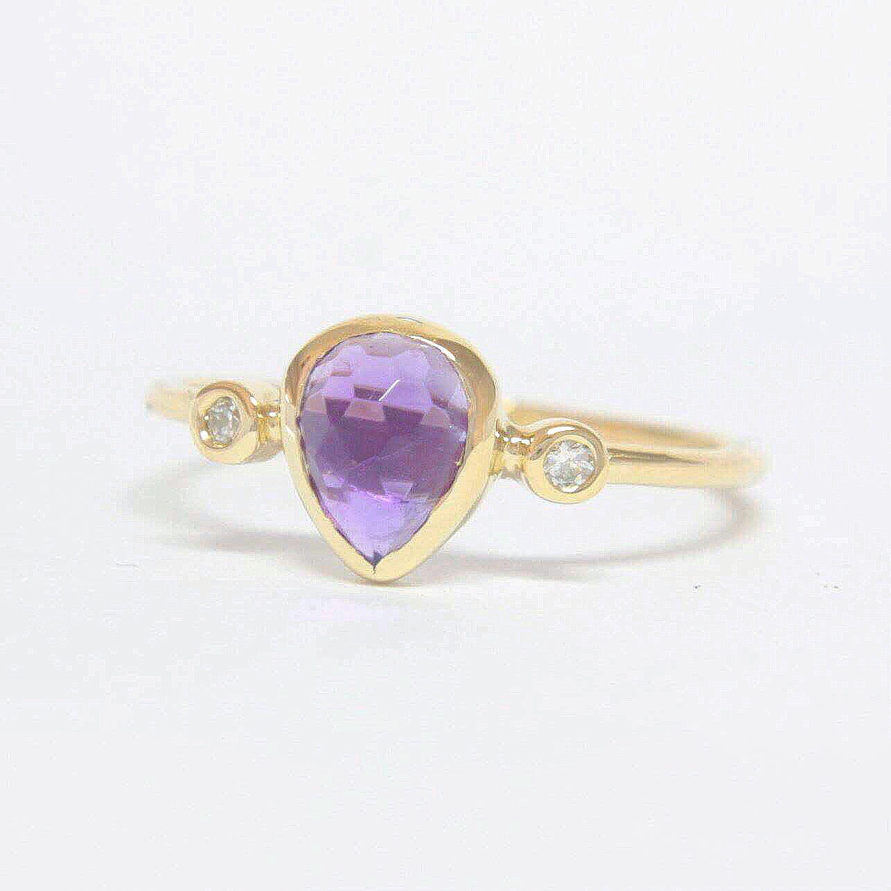 Amethyst Pear Shape and Diamond Ring 14k Gold - MANARI.eu